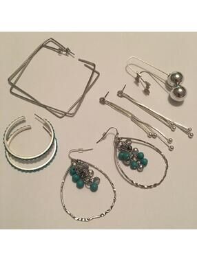 Lot Of 5 Silver Tone Earrings Pierced Variety Hoop / Dangle Drop Etc